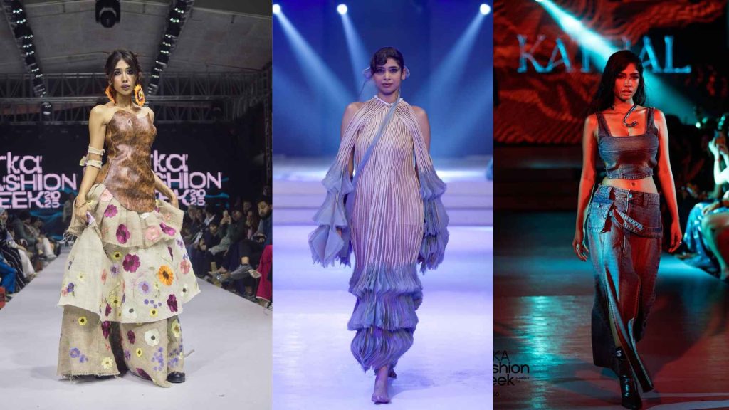 Models showcasing diverse designer looks on the runway at Arka Fashion Week Winter 2025.