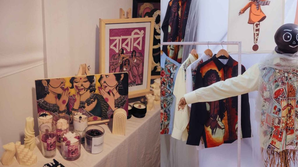 Artworks, painted apparel, and artisan-crafted pieces displayed inside the Marketplace at Arka Fashion Week Winter 2025.