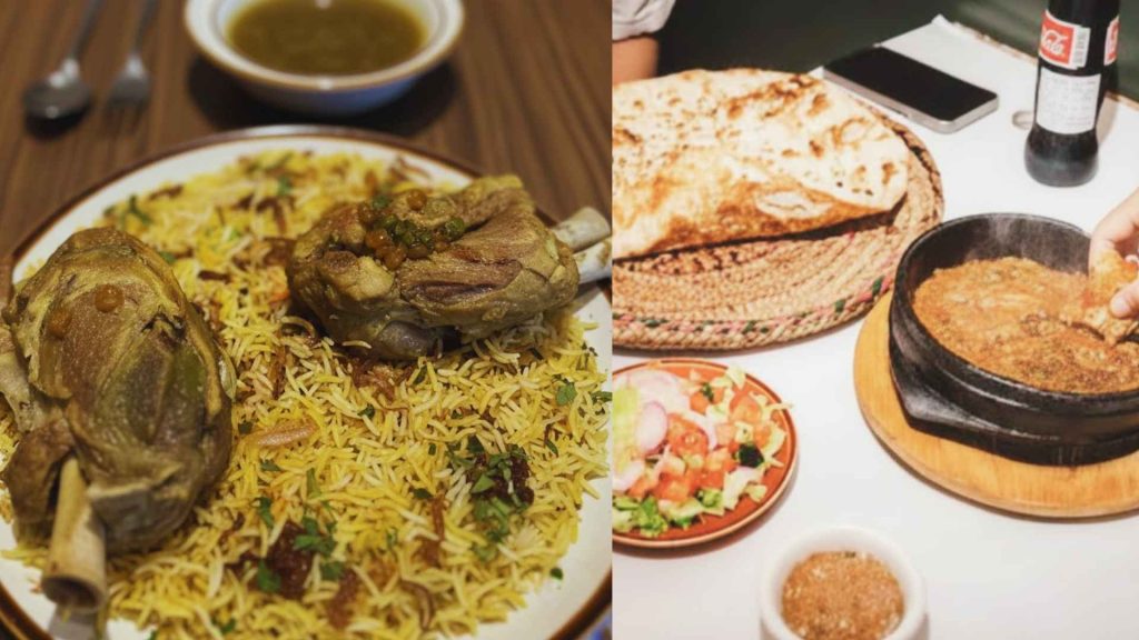 Lamb haneeth served over Hadrami rice with broth, fresh salad, and a laban drink at Yemenat NYC in Brooklyn.

