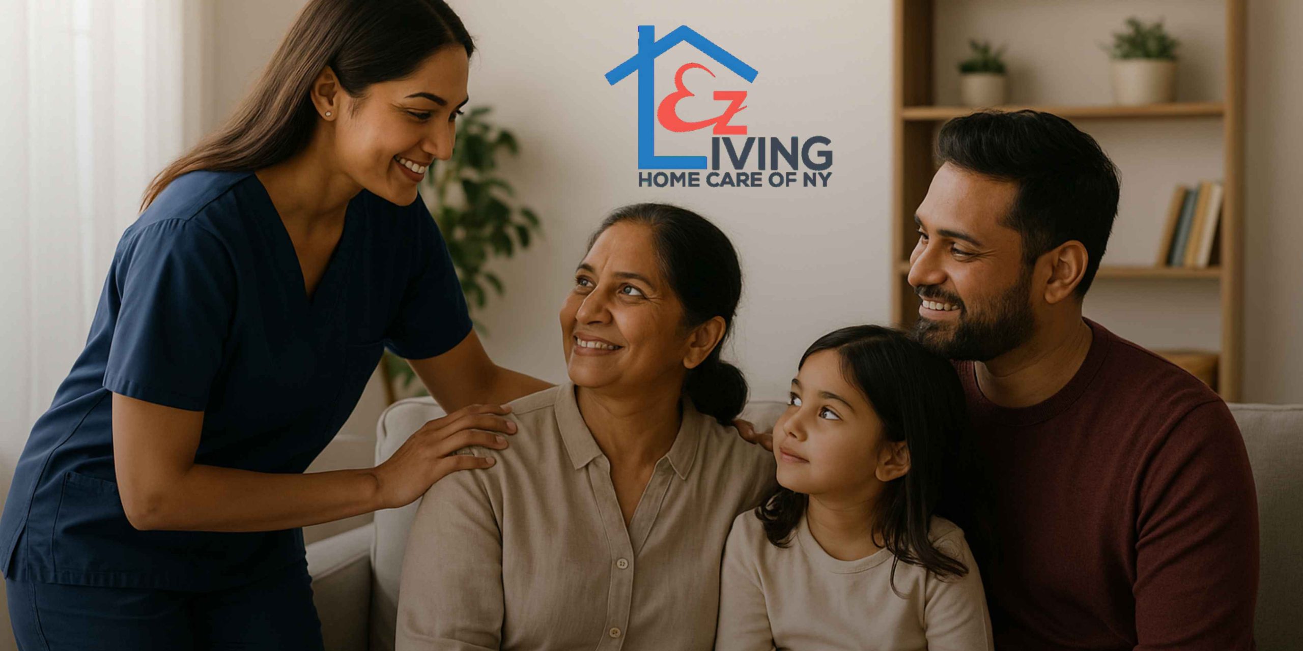 Care coordinator smiling with a Queens Desi family receiving OPWDD support from EZ Living Home Care