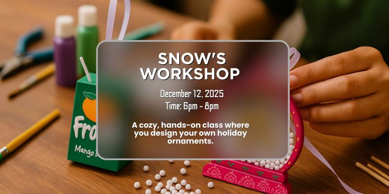 Snows Design’s Holiday ornament workshop banner with festive miniatures