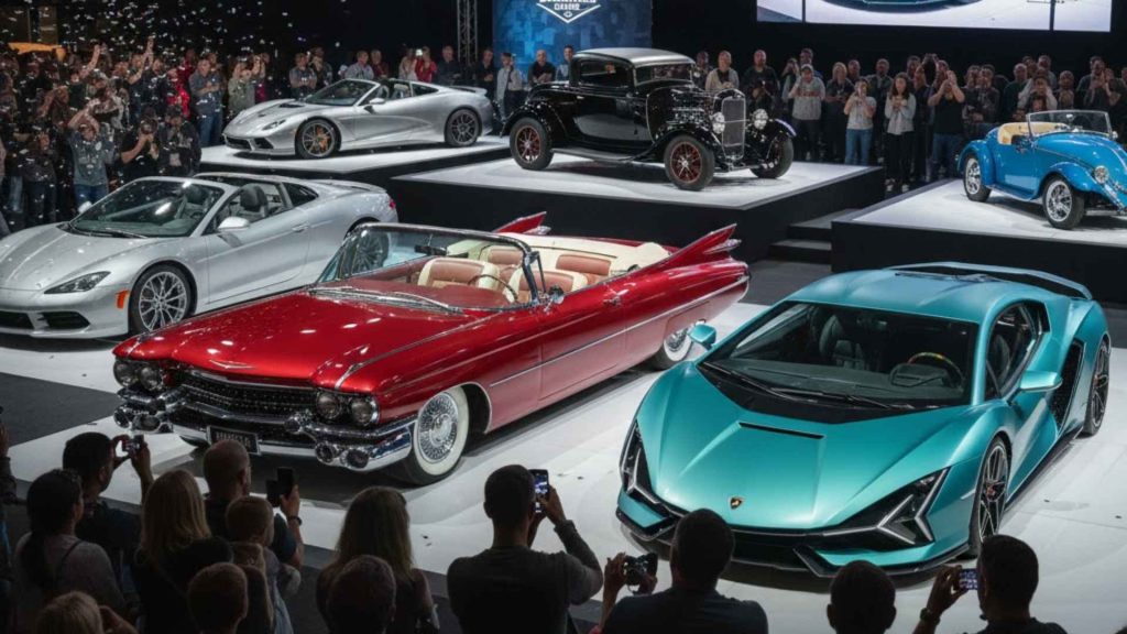 Families and car enthusiasts attending an outdoor automotive showcase in Bangladesh.