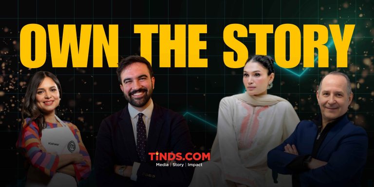A hero banner featuring confident South Asian founders who have been featured at TINDS, overlaid with abstract digital storytelling graphics and the TINDS logo.