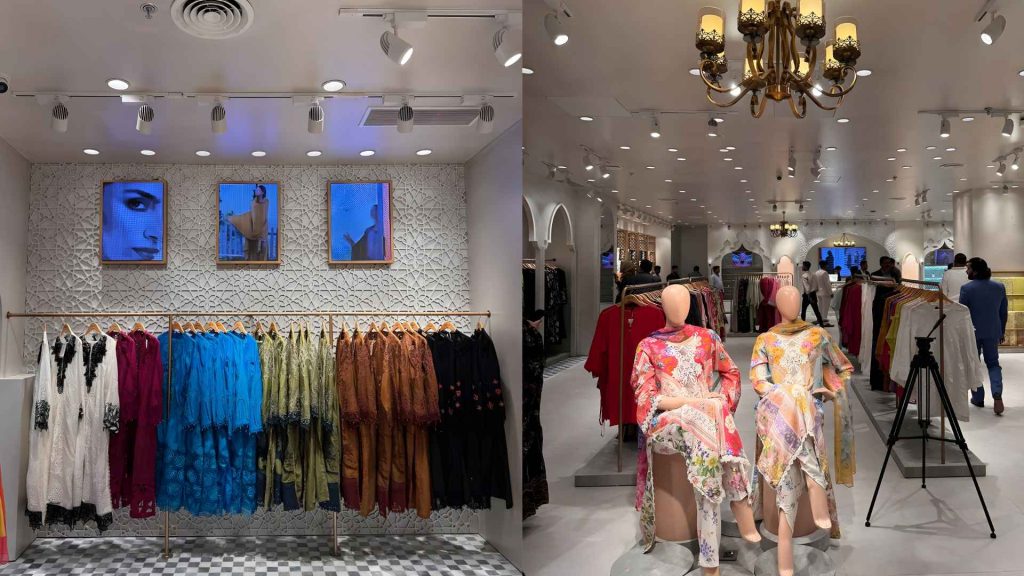 Maria B Bangladesh flagship store interior in Dhaka displaying ready-to-wear and unstitched collections