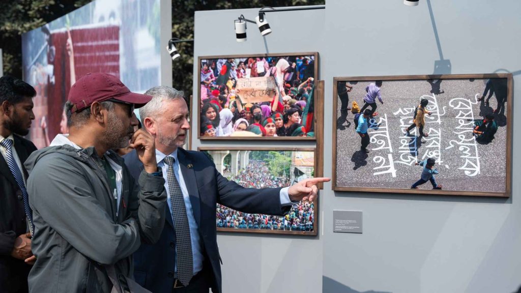 Conceptual portrait installation featured at Chobi Mela 2026, highlighting experimental photography and contemporary visual art from international artists.