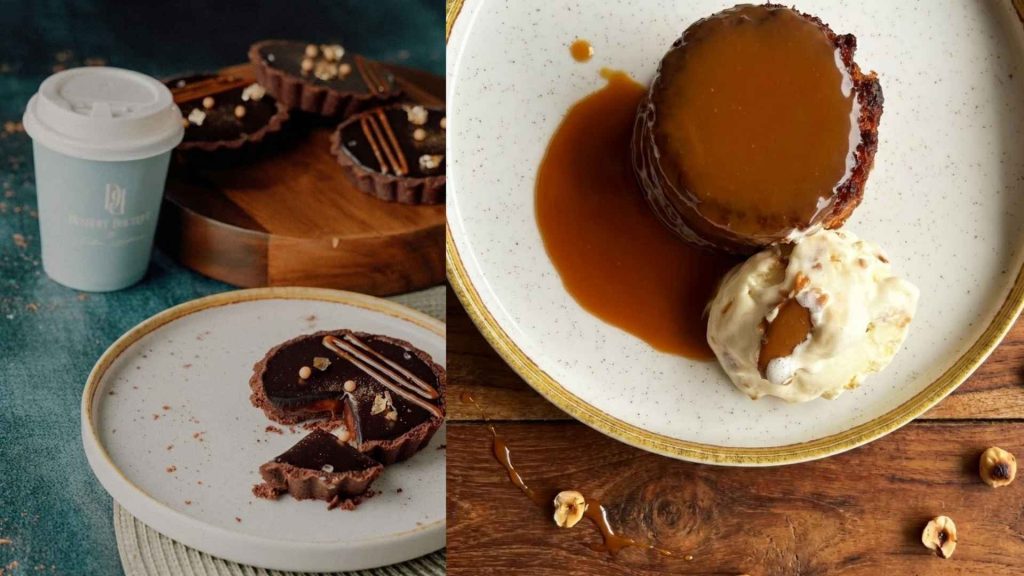 Collage showing a rich dark chocolate tart with a coffee cup alongside a warm sticky toffee pudding with ice cream, illustrating the variety of the best