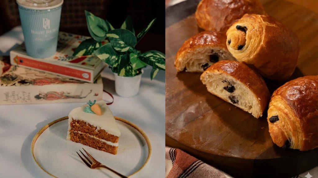 Collage featuring a slice of carrot cake in a reading setting next to freshly baked chocolate croissants on a wooden board, highlighting comfort options for the best dessert in Banani.