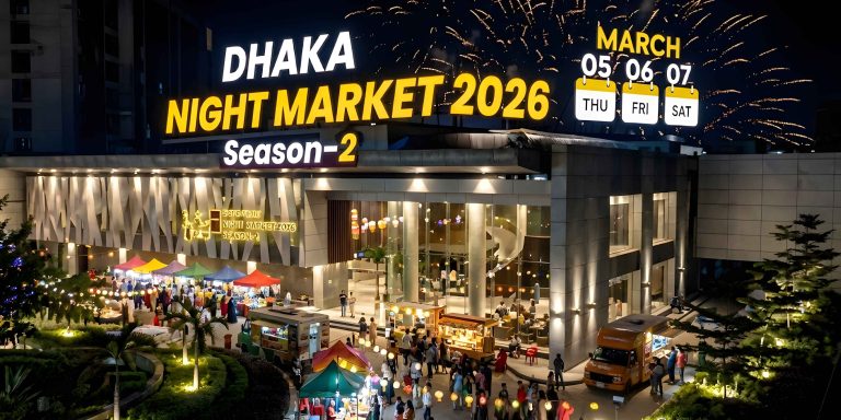 Dhaka Night Market Season 2 featuring late-night shopping, vibrant crowd, and illuminated indoor stalls