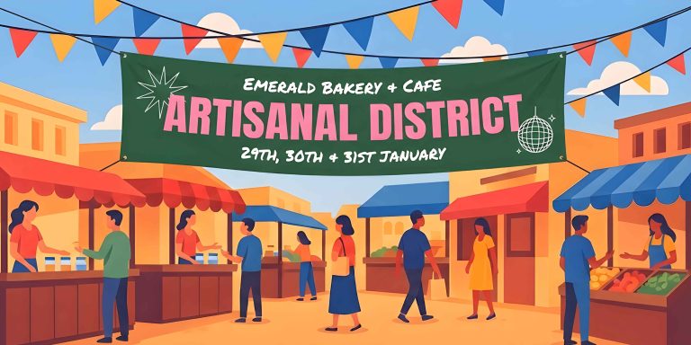 Promotional image for Artisanal District Dhaka at Emerald Bakery + Cafe showing colorful market stalls and shoppers for January 29th, 30th, and 31st.