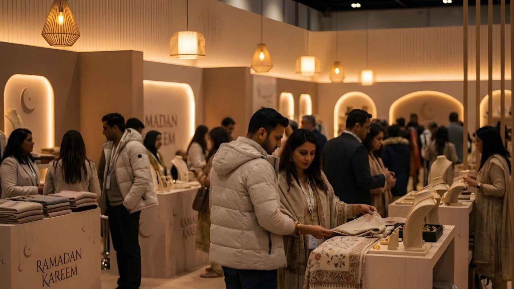 Busy exhibition aisles filled with families and shoppers browsing lifestyle and fashion brands at the Pre-Ramadan & Winter Exhibition 2026 Dhaka