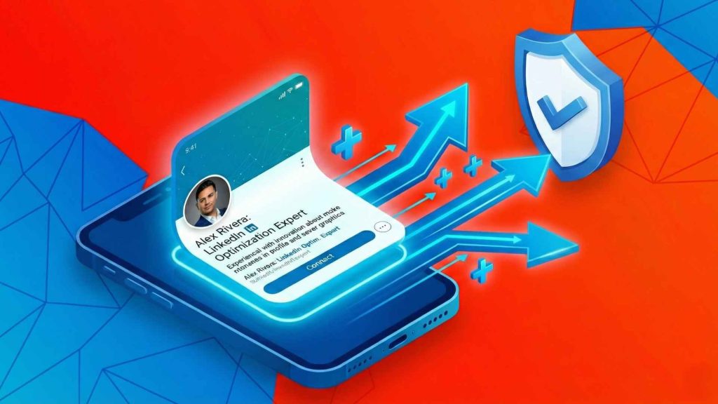 Smartphone projecting LinkedIn profile towards a security shield.