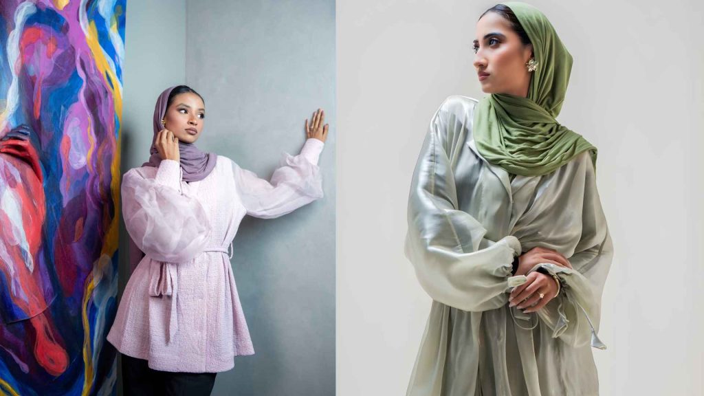 Zuhrah contemporary modest fashion banner featuring a textured pink tunic with sheer sleeves alongside a fluid sage green satin abaya.