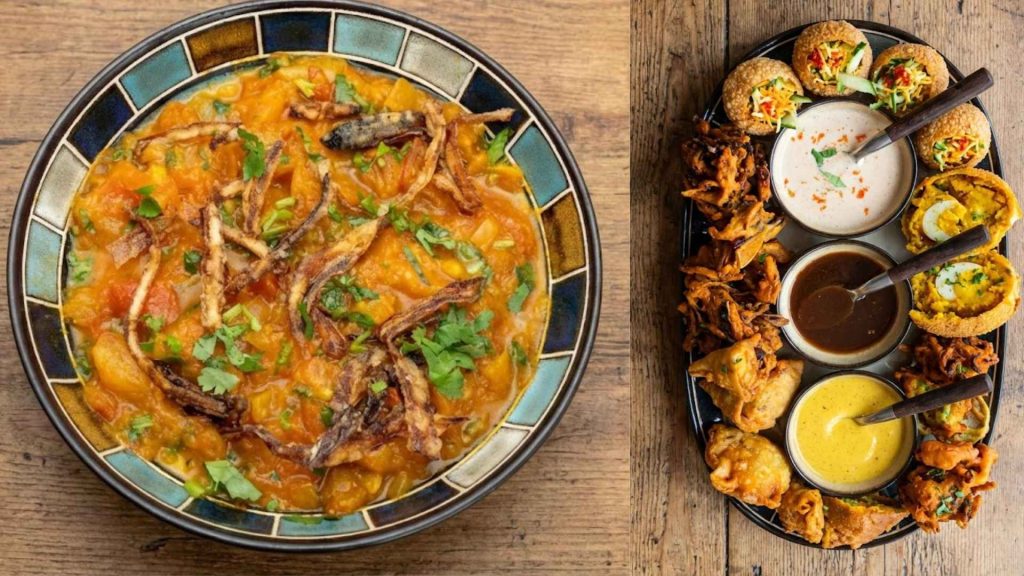 A bowl of rich Bangladeshi dal alongside a platter of mixed appetizers, including fuchka shells with sauces, samosas, and pakoras, served at Priyo Shaad in Hong Kong.