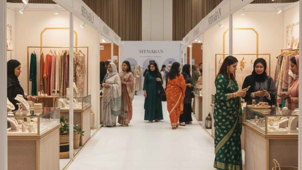 A wide view of a luxury indoor shopping exhibition with shoppers browsing white designer stalls for the Ramadhan Eid Bazar 2026.
