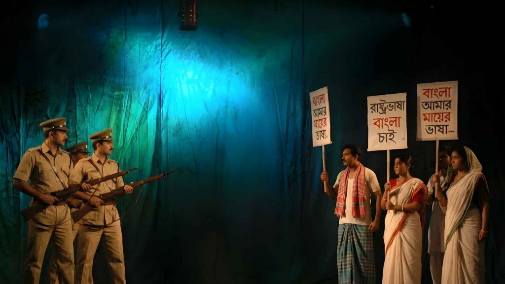A theatrical drama performance in Dhaka showcasing the history of the 1952 Language Movement as part of the International Mother Language Day Bangladesh 2026 cultural events.