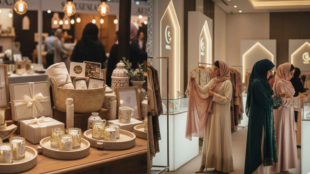 A split image showing luxury gift hampers and candles next to women browsing elegant modest wear and hijabs at the Ramadhan Eid Bazar 2026.