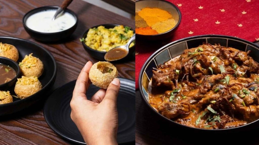 A hand filling a crisp fuchka shell with tangy tamarind water, next to a bowl of slow-cooked, rich beef Kala Bhuna curry, highlighting popular dishes at Priyo Shaad.