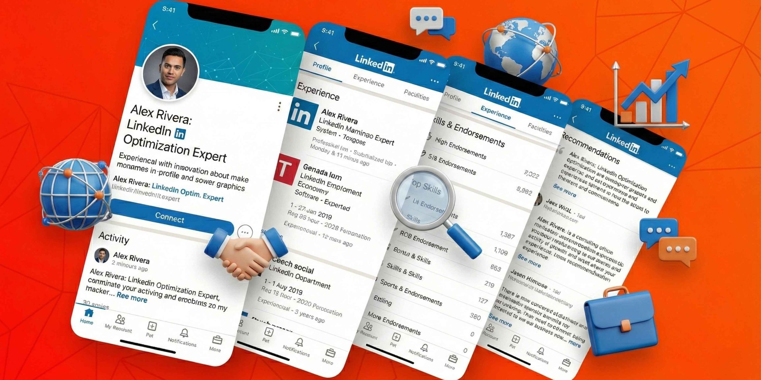 Isometric smartphones showing optimized LinkedIn profiles and business icons.