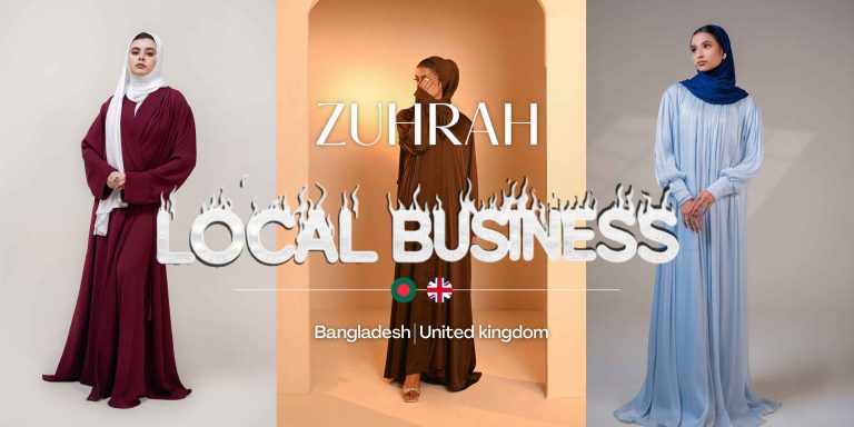 Zuhrah new arrivals feature banner displaying a textured pink tunic and a sage green silk abaya against an artistic backdrop.