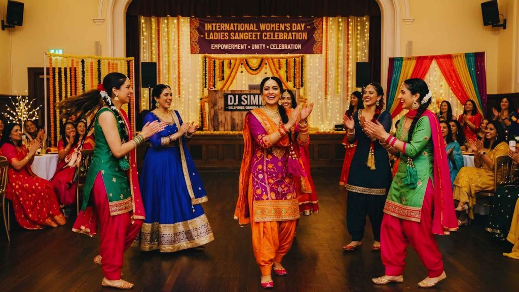 International Women’s Day Ladies Sangeet Reading 2026 feature banner showcasing a vibrant Giddha dance performance on the main stage at University of Reading.