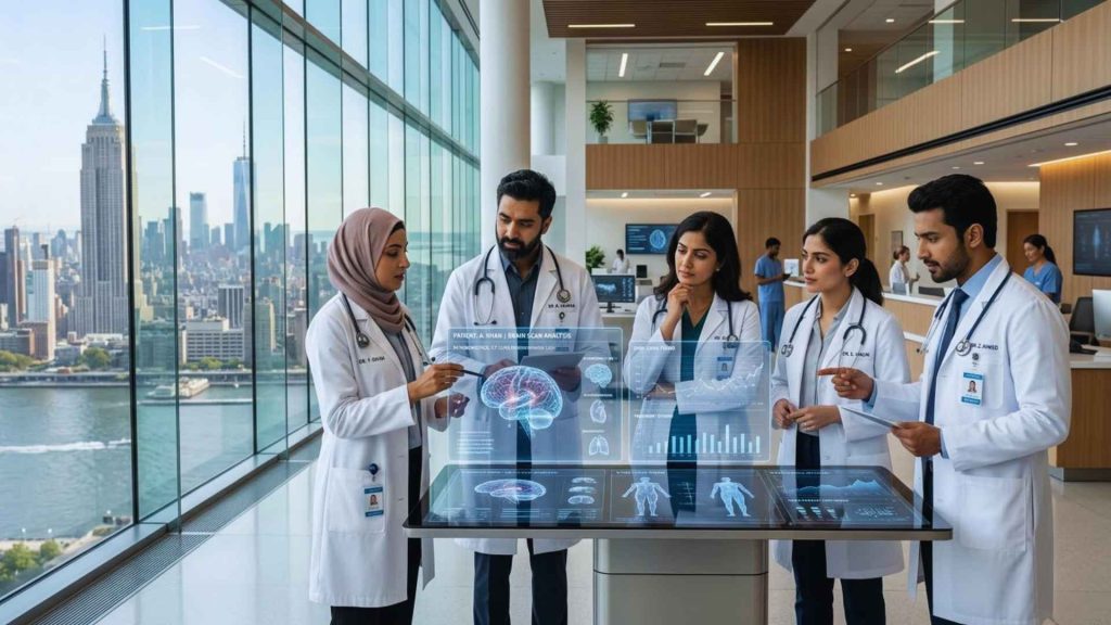 A diverse team of medical professionals in lab coats analyzing a 3D holographic brain scan and data dashboard in a modern New York City office, showcasing healthcare innovation at the CMS Access Summit 2026.
