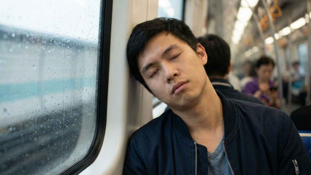 Man sleeping on train leaning against window