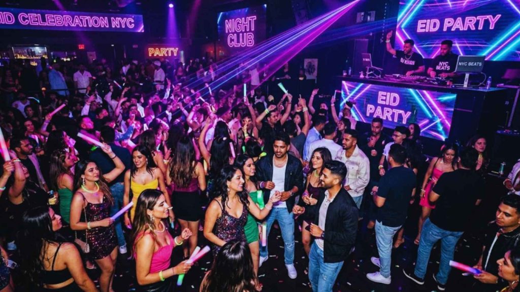 A high-energy crowd dancing with glowsticks at the Neon Eid Party 2026, the premier Desi music and nightlife celebration in Queens, NYC.