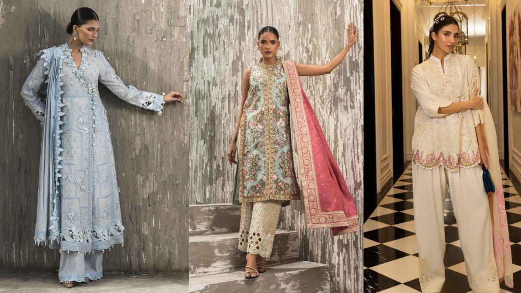 Best luxury fashion Sana Safinaz Karachi including embroidered light blue dress and pink shawl