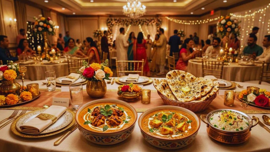 Authentic 2-course Desi meal included in the International Women’s Day Ladies Sangeet Reading ticket, featuring classic North Indian dishes and festive table decor.