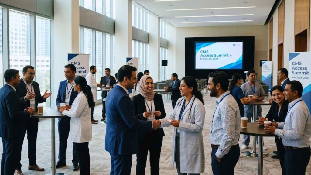 Healthcare professionals and clinic owners networking and shaking hands in a bright, modern conference hall with event signage for the CMS Access Summit 2026.