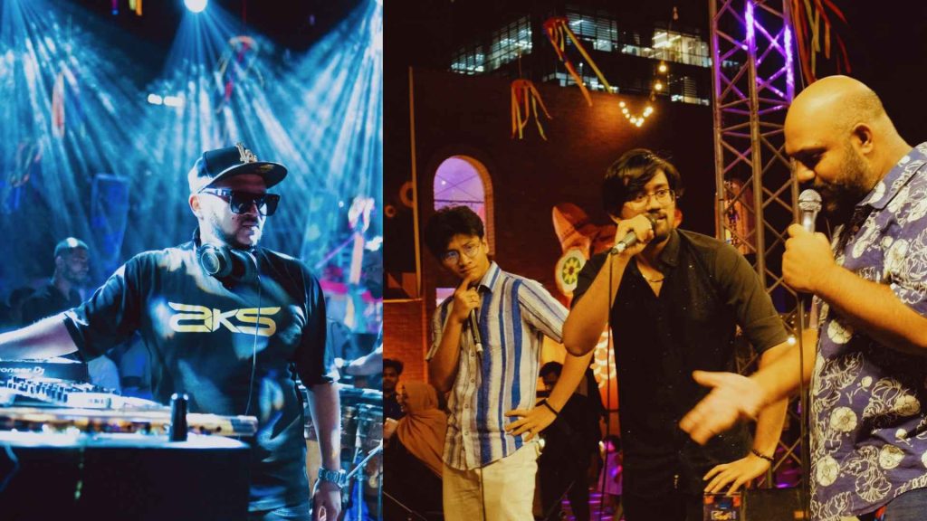 DJ AKS performing a live set alongside hosts on stage during the music segment of Rishka Festival 3.