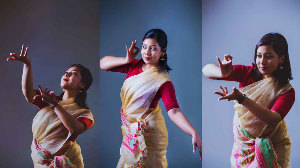 Three-panel collage showing various dance mudras performed by Arthy Ahmed before her Arthy Ahmed Ekushey Padak 2026 recognition.