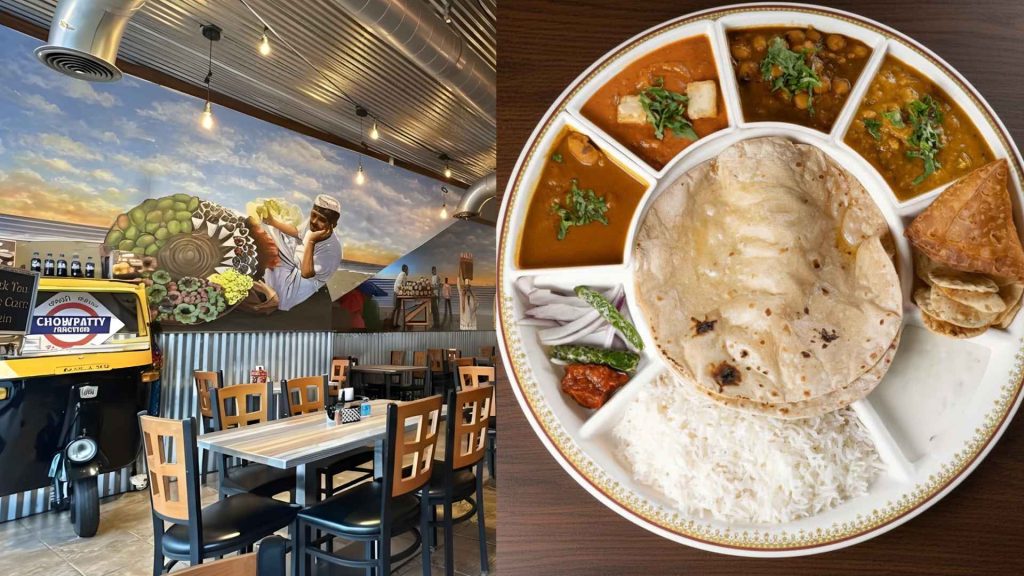 Traditional Pav Bhaji and Dhokla snacks at the vegetarian-friendly Chowpatty Foods.