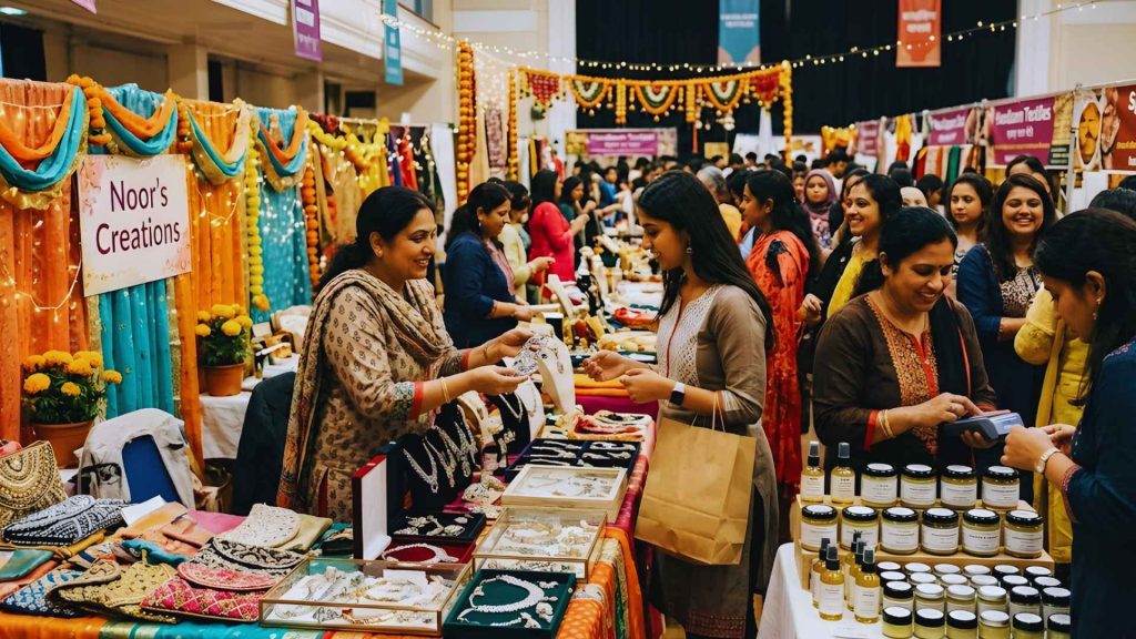 Female-led business marketplace at the International Women’s Day Ladies Sangeet Reading featuring Noor’s Creations jewelry and local South Asian crafts.