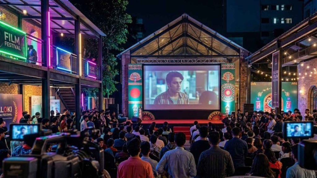 A large audience enjoying an outdoor movie screening during the film festival night at Rishka Festival 3.