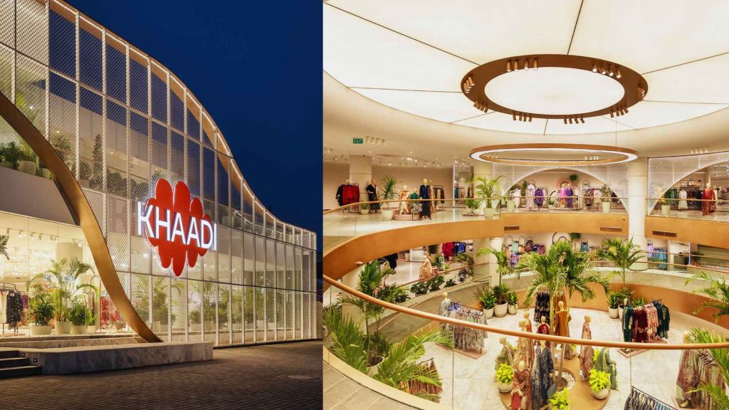 Interior of a Khaadi retail store showcasing vibrant clothing displays and fabric collections.