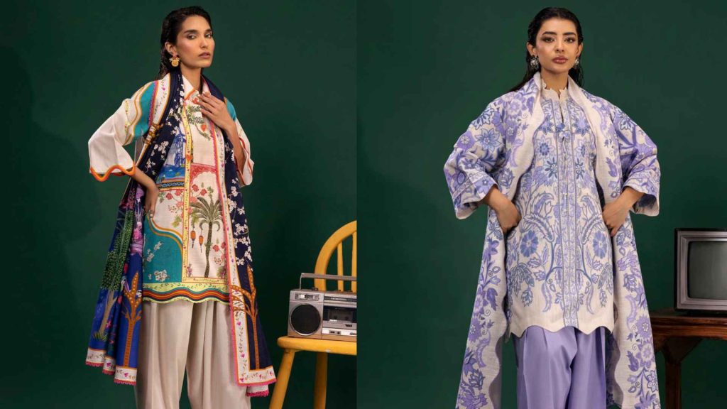 Pakistani luxury lawn Sana Safinaz Karachi green and blue dresses