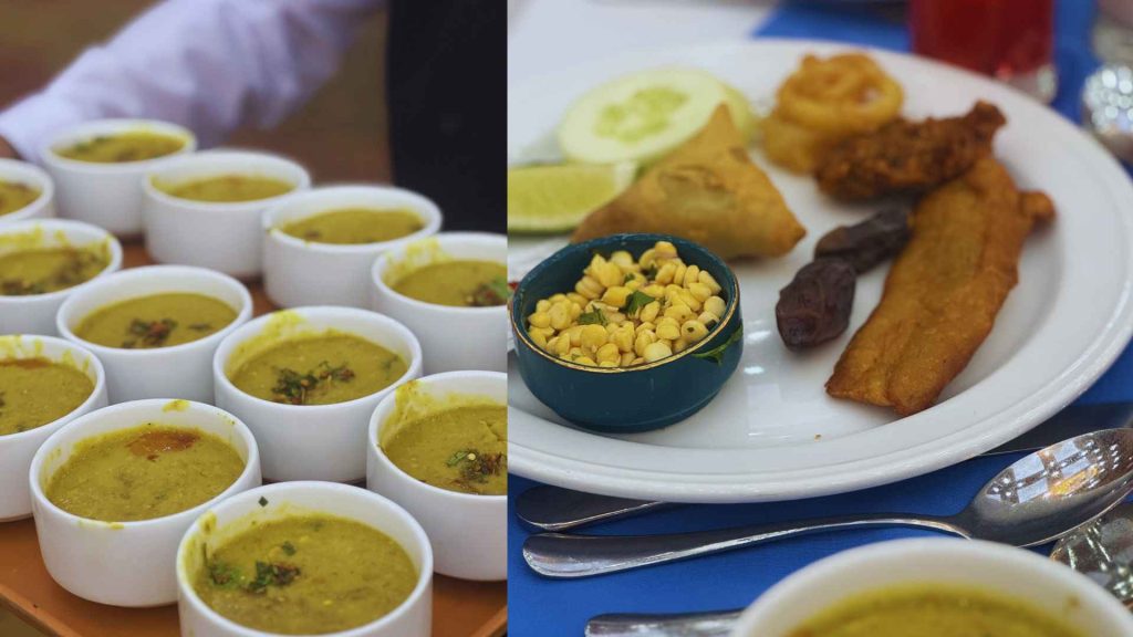 Traditional Iftar items including dal, dates, and samosas served at the 1One Foundation Grand Opening event in Dhaka.