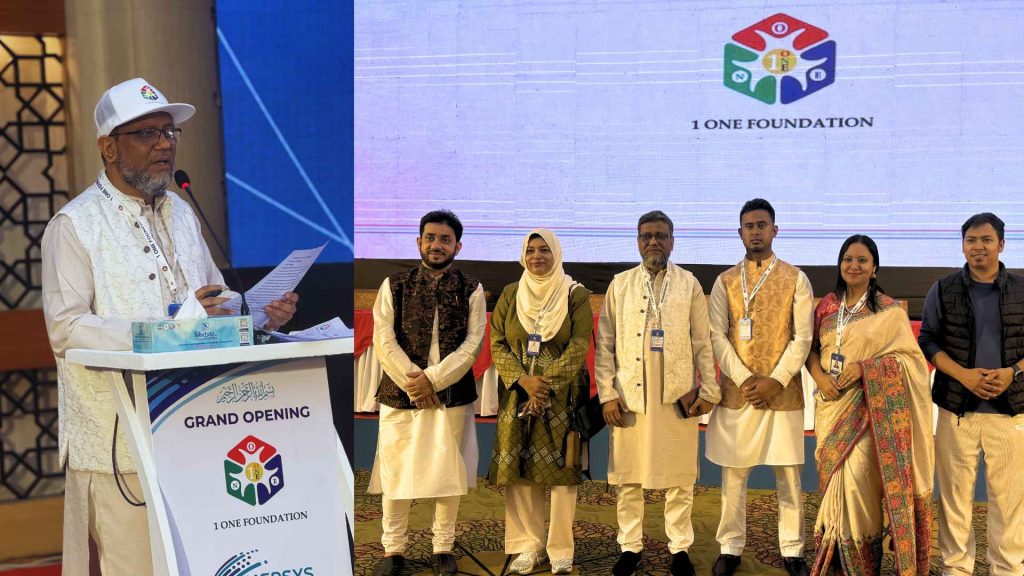 A 1One Foundation leader speaking at the podium alongside a group photo of the five-member leadership team at the BCFCC.