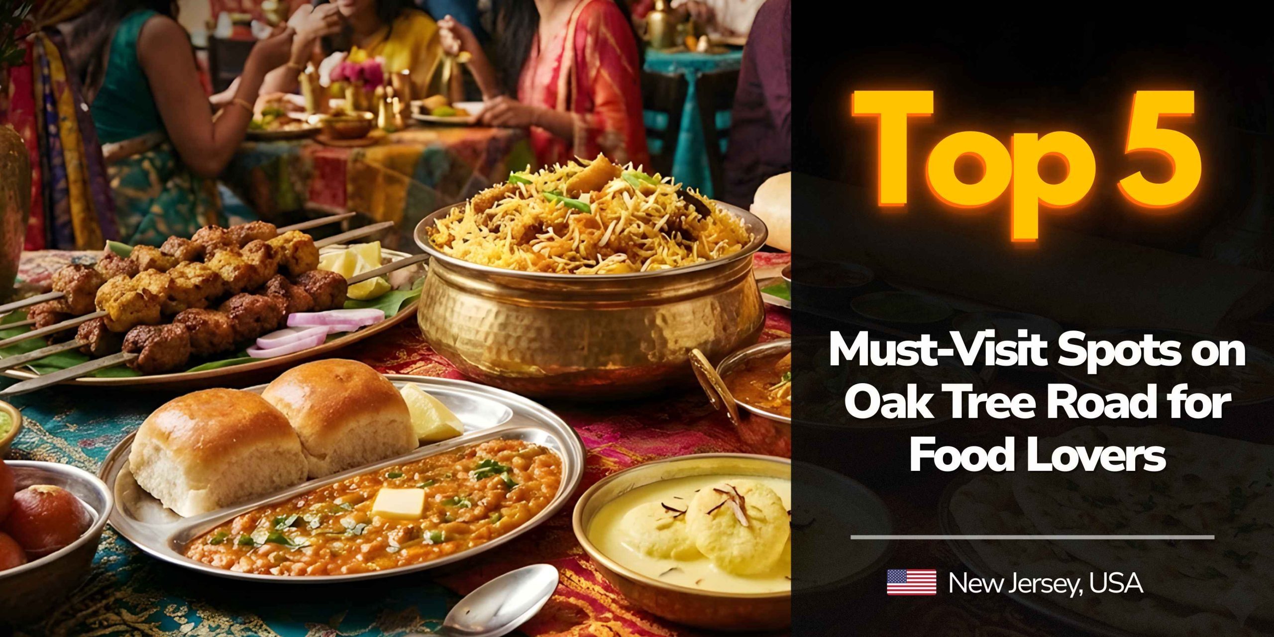 A vibrant spread of South Asian street food on Oak Tree Road, New Jersey.
