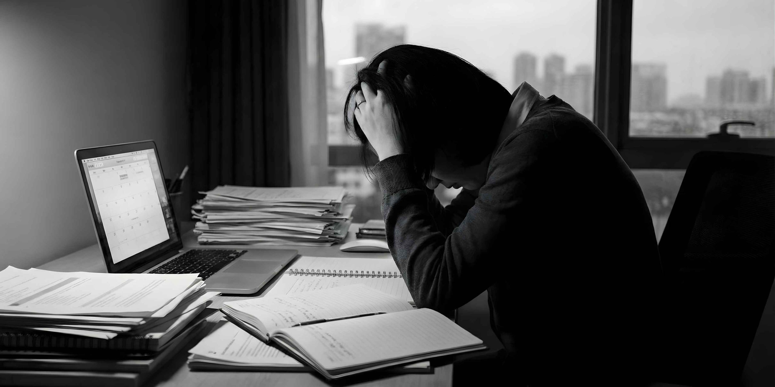 Stressed person holding head in hands at desk