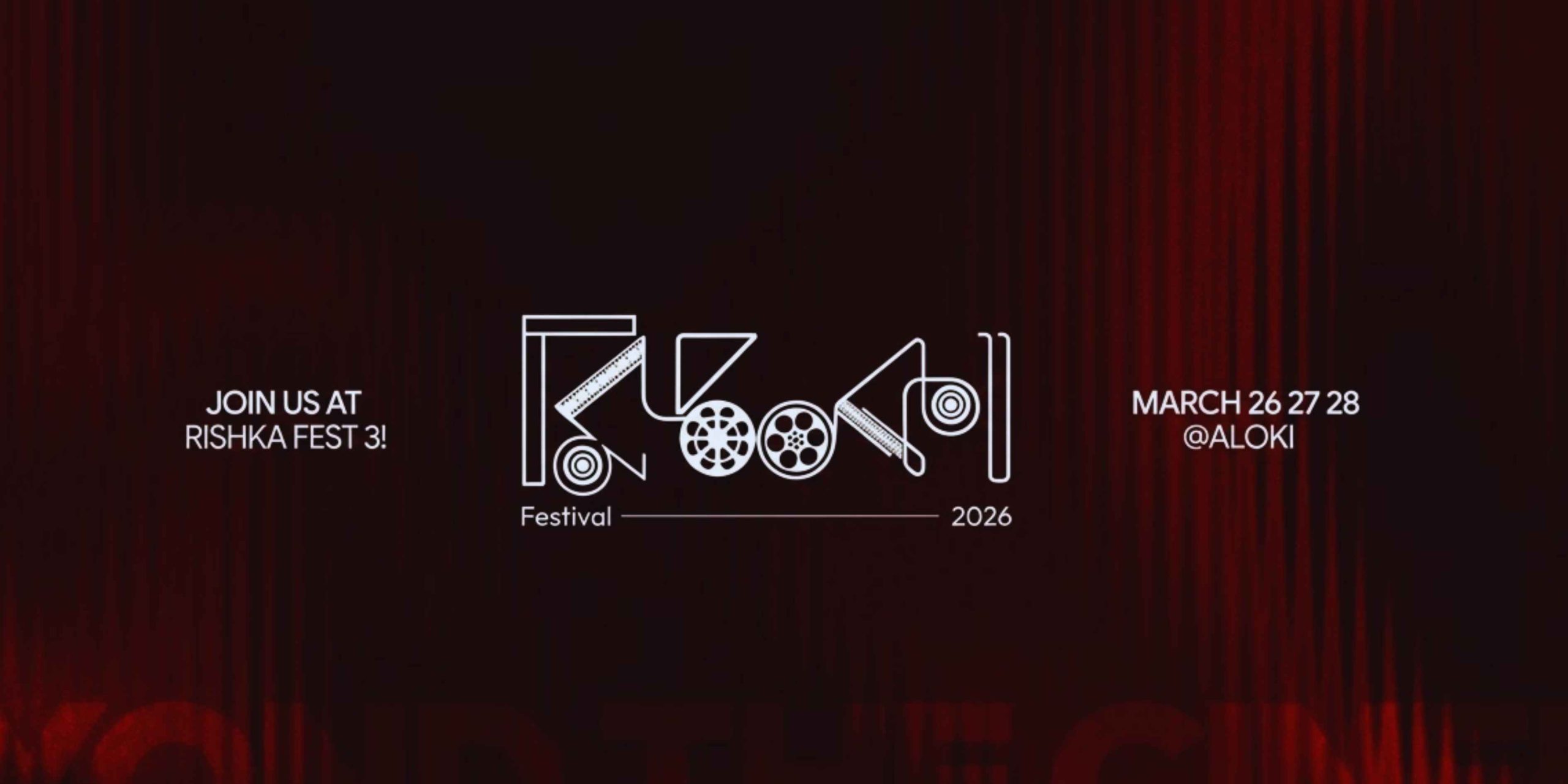 Official event banner for Rishka Fest 3 featuring dates March 26, 27, and 28 at Aloki venue.