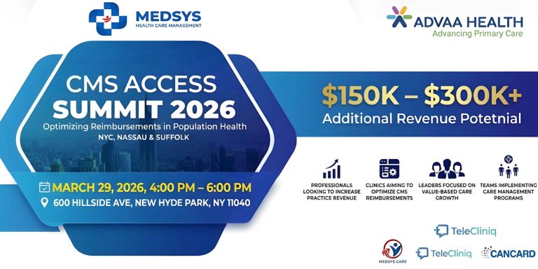 Official event banner for CMS Access Summit 2026 hosted by Medsys and Advaa Health, detailing revenue growth opportunities for clinics and healthcare leaders in NYC, Nassau, and Suffolk.