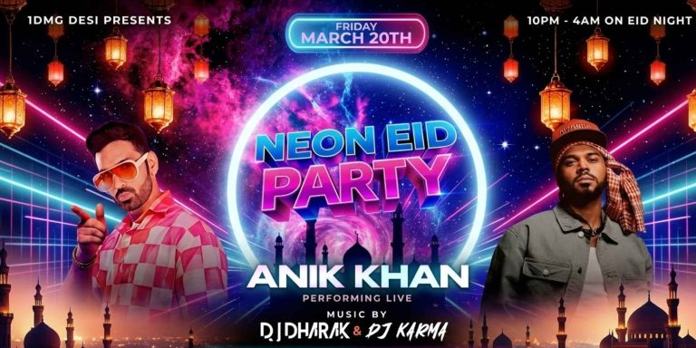 Official event poster for Neon Eid Party 2026 featuring headliner Anik Khan performing live with music by DJ Dharak and DJ Karma in New York City