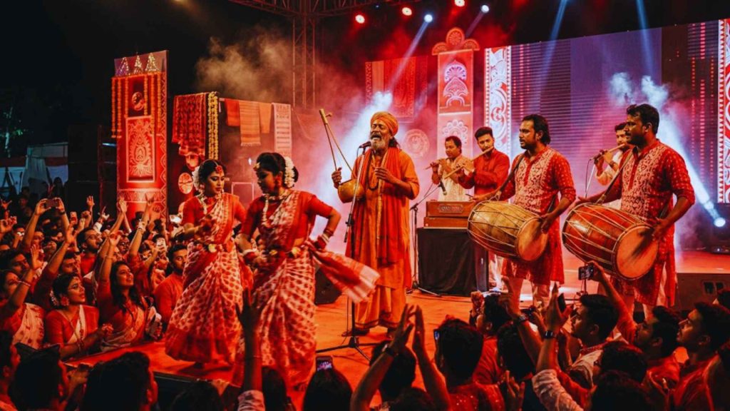 Traditional Baul singers and dancers performing live on stage during the Laal Boshakhi 1433 cultural program.