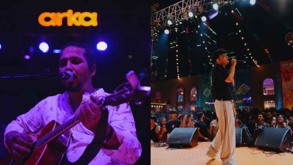 A split photo of musicians singing and playing guitar on the main stage at Arka Boishakh 1433, surrounded by a packed crowd under dynamic neon lighting.