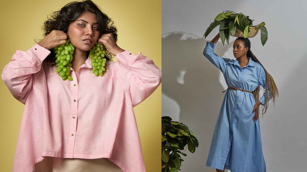 Creative fashion photography for Beige&co featuring a pink striped oversized linen shirt and natural grape accessories.