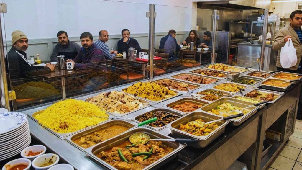 Large festive platters of Kacchi Biryani and stacked takeout containers prepared by Boishakhi Astoria for catering and delivery.