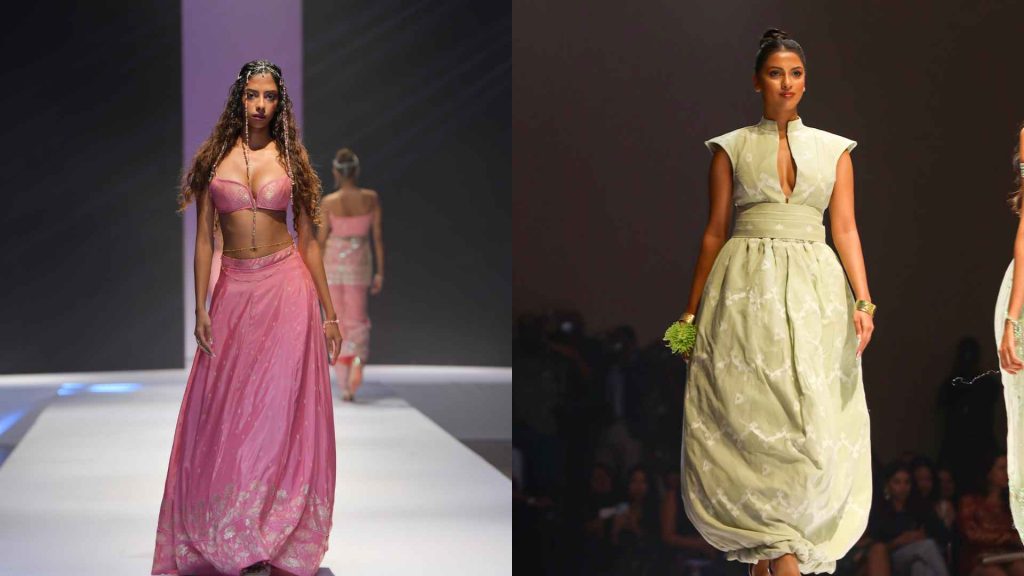 Models wearing pink and green heritage futurism sarees by Asad Sattar Ami Dhaka Colombo Fashion Week highlighting the cycle of life theme.