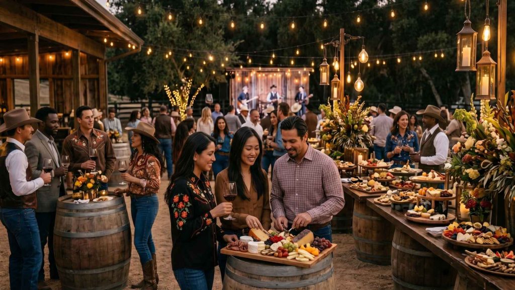 Guests in western-style hats dancing and cheering with wine glasses under string lights at the 2026 Kalahari Food & Wine Festival.